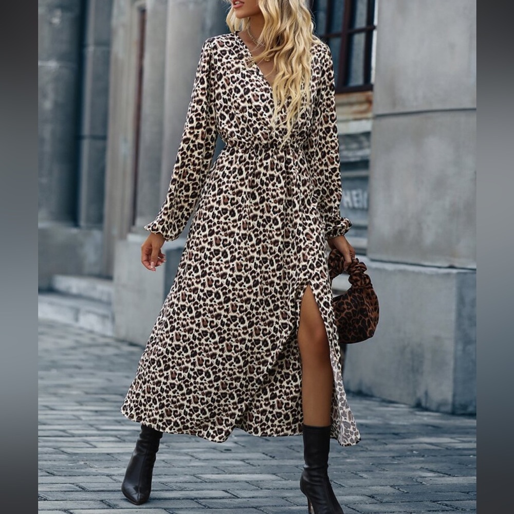 Boho Leopard Print Slit Long Sleeve Maxi Dress - Picture 5 of 6